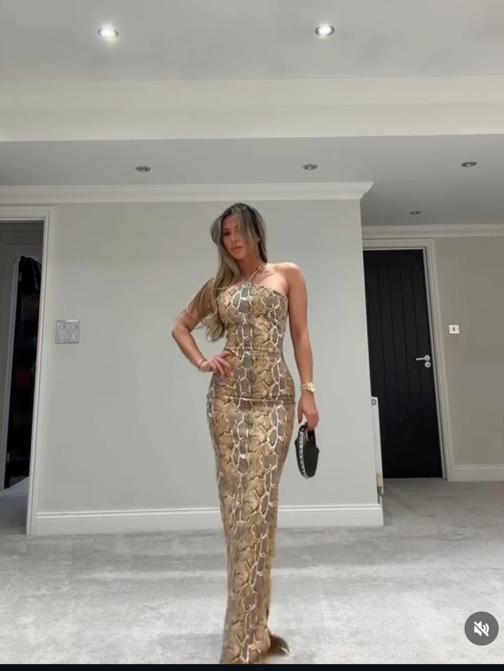 Strapless Snake-Print Maxi Dress in Brown